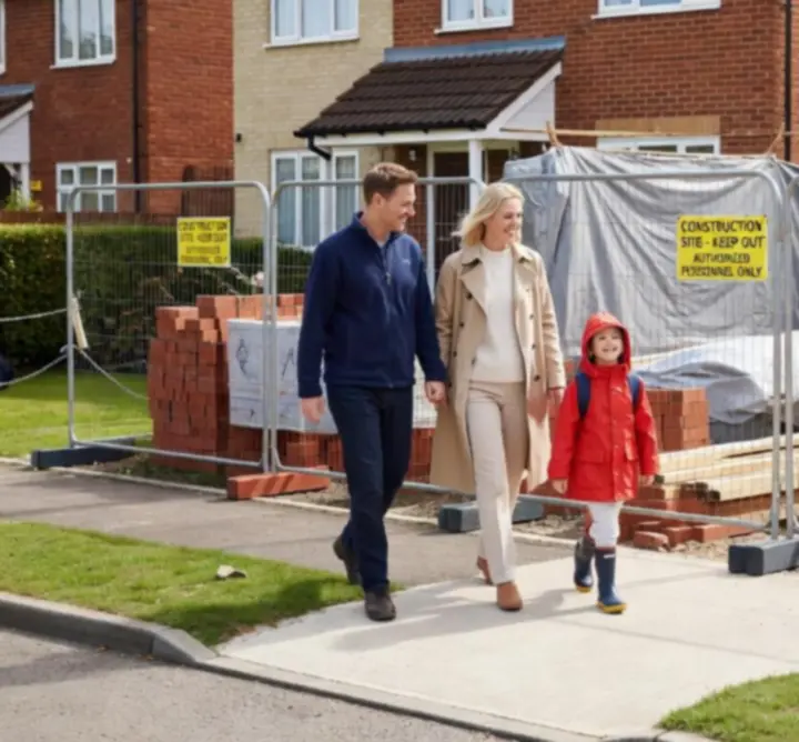 A family standing safely in a well-managed residential construction environment.